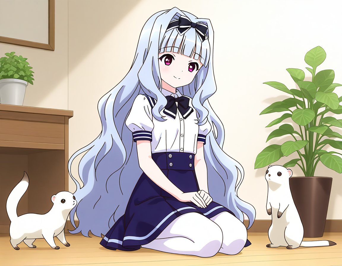 general,highres, ultra-detailed,very aesthetic,best quality ,best hands,  BREAK <lora:Watayuki_BP_IS:1>Watayuki(BP), 1girl,solo, hairband, very long hair, hair bow, purple eyes,  hair intakes, light blue hair, blunt bangs, wavy hair,
sitting, bow, shijou takane, skirt, pantyhose, seiza, indoors, school uniform, plant, white pantyhose, blue skirt, smile,
black bow, short sleeves, animal, solo focus, potted plant,  shirt, puffy sleeves,
multiple_animals,  white_ferret,