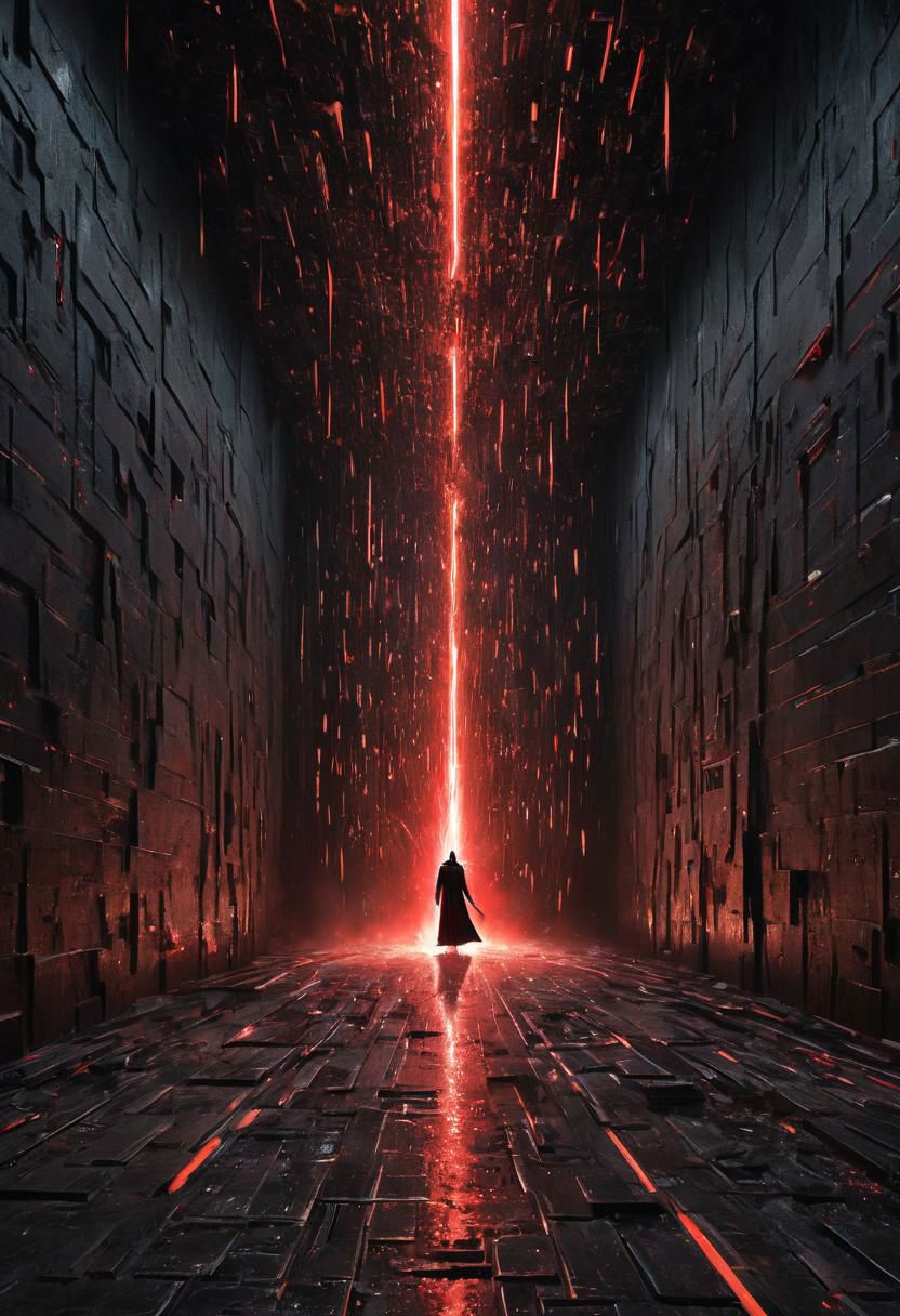 a matrix abyss by H.P. Lovecraft, a long floor into eternity, black reflecting tiles, dimmed lightning, vintage sci-fi led panels, electrical panels, StarWars Darth Vader in the end of the floor Walking with Red lightsaber to viewer, lightsaber Cut the Wall, Spray sparks