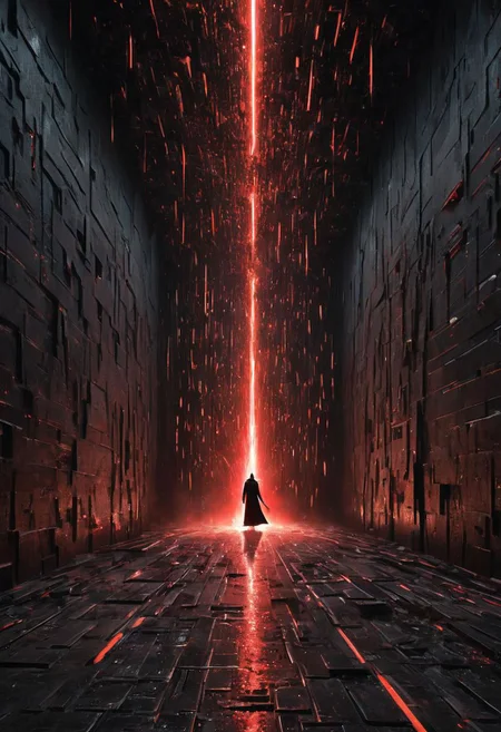a matrix abyss by H.P. Lovecraft, a long floor into eternity, black reflecting tiles, dimmed lightning, vintage sci-fi led panels, electrical panels, StarWars Darth Vader in the end of the floor Walking with Red lightsaber to viewer, lightsaber Cut the Wall, Spray sparks
