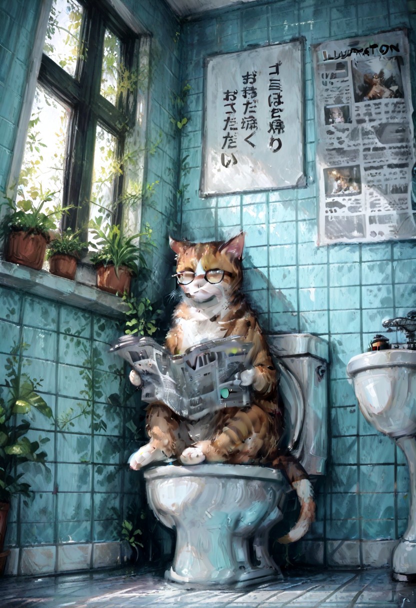 masterpiece, best quality, illustration, oil painting, no-human, detailed, cat sitting on a toilet, with glasses, reading the newspaper, in a bathroom, vivid colors, front-view, serious, plants, window, wide view, aesthetic,