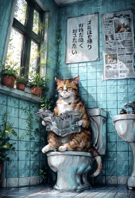 masterpiece, best quality, illustration, oil painting, no-human, detailed, cat sitting on a toilet, with glasses, reading the newspaper, in a bathroom, vivid colors, front-view, serious, plants, window, wide view, aesthetic,