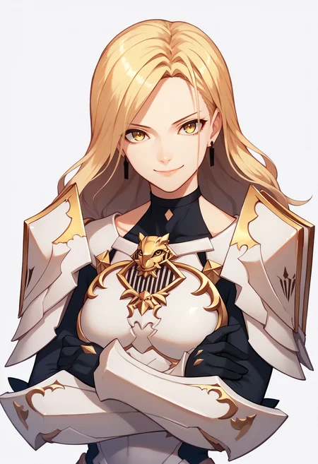 score_9, score_8_up, score_7_up, score_6_up, score_5_up, score_4_up, BREAK,
1girl, kisara, blonde hair, long hair, yellow eyes, armor, bodysuit, crossed arms, earrings, gloves,looking at viewer, shoulder armor,
upper body, smile, looking at viewer, solo, simple background, white background <lora:KisaraXL:1>