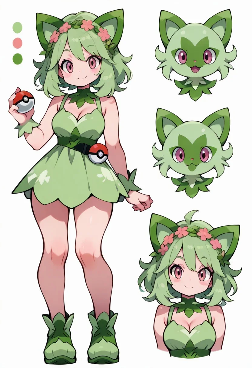 CharacterDesignIllustrious, reference sheet, simple white background, color guide, (multiple views), (full body), dynamic pose,
,,,
cute girl,
,,,
sprigatito companion, green hair, floral headband, cute expression, soft green outfit, pokeball on belt, leafy background, playful look
,,,
1 pokemon in background,
pokemon trainer outfit, focused look, cleavage, holding pokeball, looking at viewer, smile,