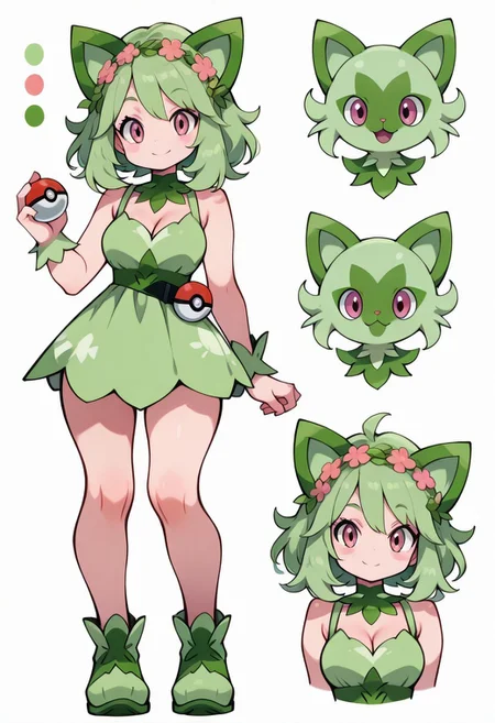 CharacterDesignIllustrious, reference sheet, simple white background, color guide, (multiple views), (full body), dynamic pose,
,,,
cute girl,
,,,
sprigatito companion, green hair, floral headband, cute expression, soft green outfit, pokeball on belt, leafy background, playful look
,,,
1 pokemon in background,
pokemon trainer outfit, focused look, cleavage, holding pokeball, looking at viewer, smile,