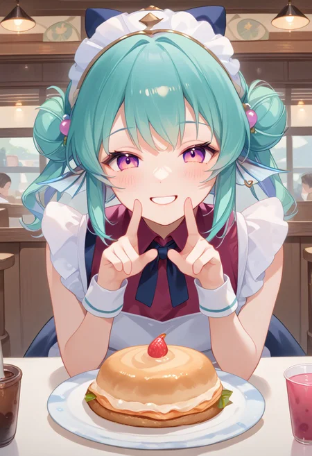 score_9,,score_8_up,score_7_up,score_6_up,score_5_up,score_4_up,source_anime,masterpiece,best quality,highres, 1girl ,solo,finana3st, earrings, maid, cute pose, smile, blush, cafe, indoor