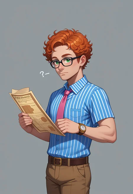score_9, score_8_up, score_7_up, score_6_up, CasGAC, masterpiece, best quality, detailed eyes, detailed face, perfect eyes, high detailed, absurdres, highres, BREAK 1boy, man, mature, solo, handsome, confused, thinking, closed mouth, BREAK curly hair, orange hair, ginger hair, red hair, orange bread and mustache, short hair, green eyes, BREAK white shirt with short sleeves, blue striped shirt, brown pants, pink tie, black-rimmed glasses, dark brown belt with silver buckle, gold watch with a wrist brown strap on left hand, BREAK ((holding a light brown map)), BREAK standing, cowboy shot, semi-sideways, looking at map, BREAK simple background, gray background