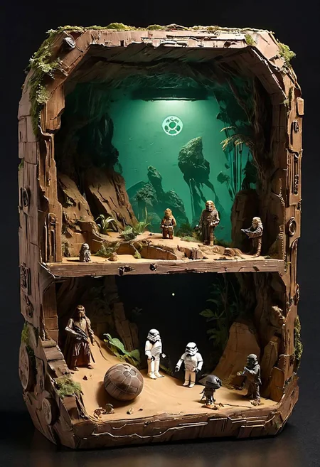 Craft a mystically weathered wooden shadow box By night, aged by time and adorned with the enigmatic allure of plastic Stone and wooden StarWars figures. Yodas hideout at Dagobah themed, Immerse yourself in the ancient whispers of the past as you arrange these epic creations, weaving a tale of time-worn charm within the timeworn confines of the shadow box. In a DARK and foggy room