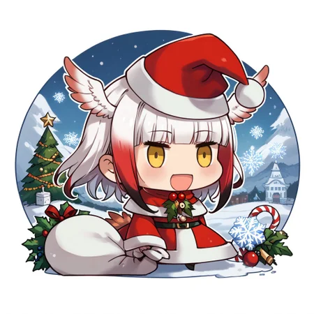 score_9, score_8_up, score_7_up, masterpiece, best quality, zzPadoru, blush, smile, open mouth, meme, holding sack, santa hat, dress, 1girl, solo, japanese crested ibis (kemono friends), head wings, multicolored hair, two-tone hair, white hair, red hair, long hair, blunt bangs, bangs, sidelocks, yellow eyes, bird tail, tail, long sleeves, wide sleeves, chibi, snow, Christmas tree, Christmas lights, Christmas border, red and green border, Christmas wreath border, presents, Christmas_card_outline