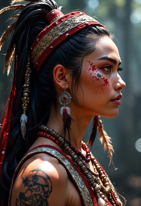 masterpiece, side portrait of a chinese barbarian warrior, war paint, feather hair ornaments, feather earrings, tribal necklaces, closeup portrait highest definition, HD32K, wallpaper, hyperdetailed, mythp0rt