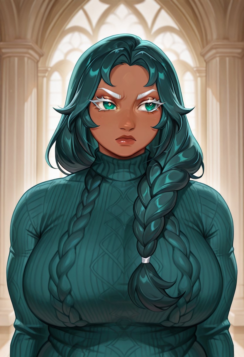 masterpiece, best quality, amazing quality, very aesthetic, absurdres, scenery, 1girl, solo, crk, hollyberrycookie, female focus, mature female, dark teal eyes, white eyelashes, white eyebrows, dark teal hair, Serious, aqua_pupils, blue yellow skin, dark-skinned female, front_braid, dark teal polkadot shirt, Sweater dress, fat female, thick female, thicc, fat, strong woman, muscles, big chest, chubby female, Squat, architectural landmarks, ((upper body:1.9))