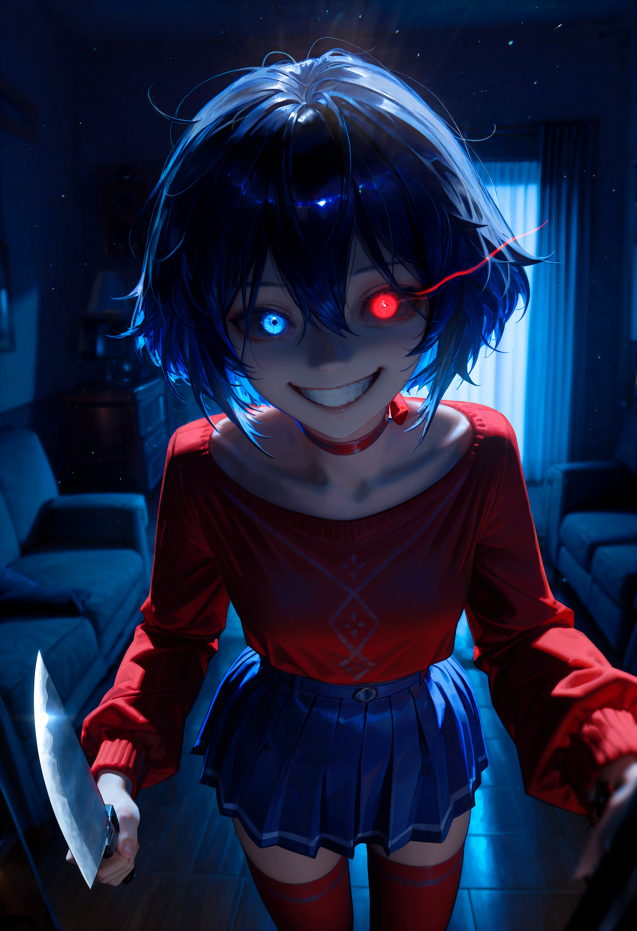 HDR, 8K, high contrast, masterpiece, best quality, amazing quality, very aesthetic, high resolution, ultra-detailed, absurdres, newest, scenery, (horikoshi kouhei:0.3), (quasarcake:0.3), (wlop:0.3), light rays, godrays, chiaroscuro, close up, foreshortening, ms_ending_mita, pale skin, black eye, red eye, glowing eye, horror (theme), heterochromia, short hair, big hair, messy hair, hair between eyes, blue hair, black hair,  long sleeves, red sweater, blue skirt, pleated skirt, red thighhighs, zettai ryouiki, crazy smile, (wide grin:1.25), yandere, holding knife, knife focus, looking at viewer, standing, inside, epic, dramatic, living room, dark, night, fog, BREAK, photorealistic, beautiful detailed eyes, detailed skin, detailed hair, volumetric lighting, dappled light, light particles, dramatic shadows, cinematic lighting, photo background, depth of field, <lora:ponyxl\cfg_scale_boost:0.7> <lora:IL\KMS_MiSIDE_Mita_x6_IL:0.8>