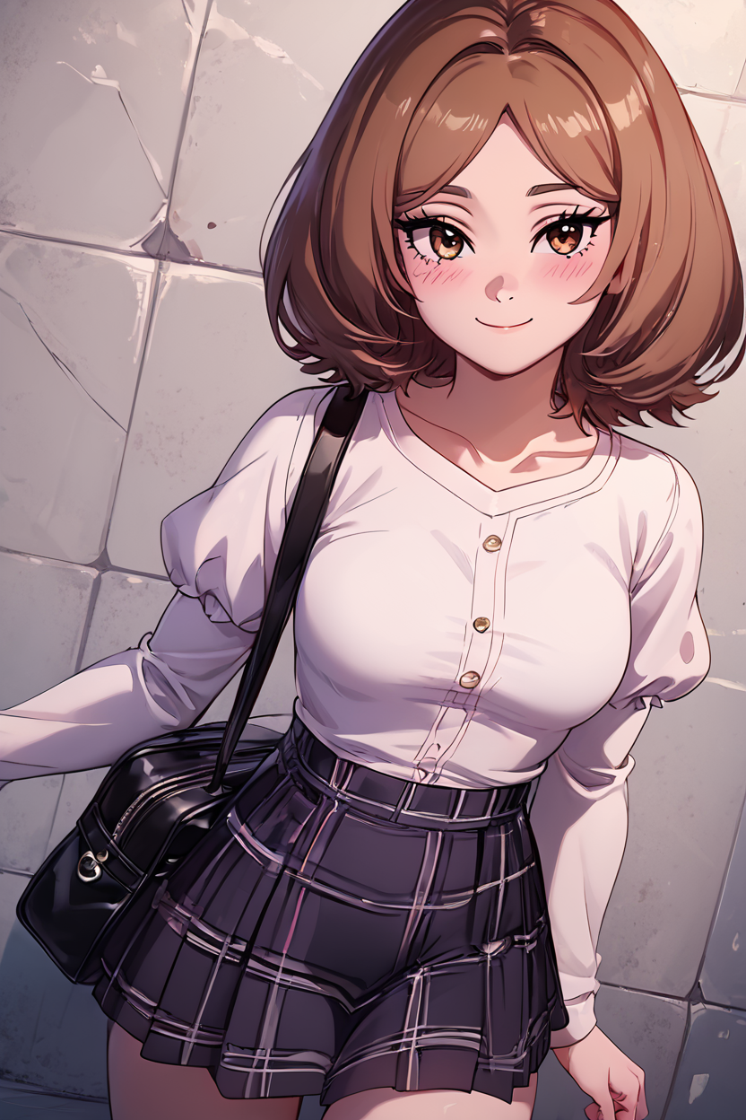 score_9, score_8_up, score_8, medium breasts, (curvy), cute, eyelashes,       BREAK, , zzEdel, brown eyes, medium hair, brown hair, short hair,   dress, collarbone, puffy short sleeves, <lora:EdelFrieren_PDXL:1.0>,  , BREAK, closed mouth, alternate costume, smile, looking at viewer, collared shirt, blush, sweater, black skirt, eyelashes, long sleeves, sleeves past wrists, plaid skirt, shoulder bag, black bag, blurry, tile floor, pleated skirt, white shirt, cowboy shot, ,,, embedding:zPDXL, Expressiveh, ,,, <lora:Vivid:0.7>, <lora:Uncensored_PonyXL_cpt_v02.09:0.4>, <lora:Expressive_H-000001:0.4>,
