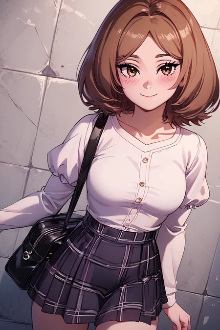 score_9, score_8_up, score_8, medium breasts, (curvy), cute, eyelashes, BREAK, , zzEdel, brown eyes, medium hair, brown hair, short hair, dress, collarbone, puffy short sleeves, <lora:EdelFrieren_PDXL:1.0>, , BREAK, closed mouth, alternate costume, smile, looking at viewer, collared shirt, blush, sweater, black skirt, eyelashes, long sleeves, sleeves past wrists, plaid skirt, shoulder bag, black bag, blurry, tile floor, pleated skirt, white shirt, cowboy shot, ,,, embedding:zPDXL, Expressiveh, ,,, <lora:Vivid:0.7>, <lora:Uncensored_PonyXL_cpt_v02.09:0.4>, <lora:Expressive_H-000001:0.4>,