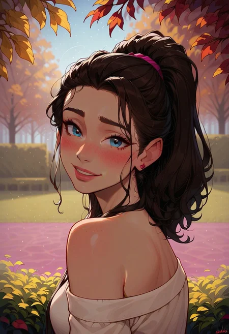 score_9, score_8_up, score_7_up, score_6_up, Expressiveh, ovrshldr, very aesthetic, cute, sexy, hot, blush, flushed, blushing, bokeh:1.2, brunette updo, brunette, sexy expression, seductive face, perfect eyes, detailed face, (ponytail, hair strands, loose hair on either side of her face, loose hair strands, hair strands framing face, strands of hair on either side of face), ((ponytail:1.2, high ponytail:1.2)), ((shy, nervous, intense red blush:1.3, horny, aroused)), (detailed background), outdoors, autumn, park, ((vibrant, colorful, saturated)), smile, happy, smiling,