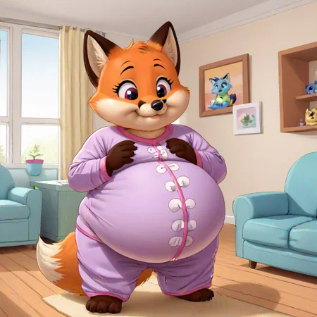 ASCIIfat, fox, girl, child, cute, chubby, tubby, big belly, belly shirt, cheeks, waddle, round body, living room, pajamas