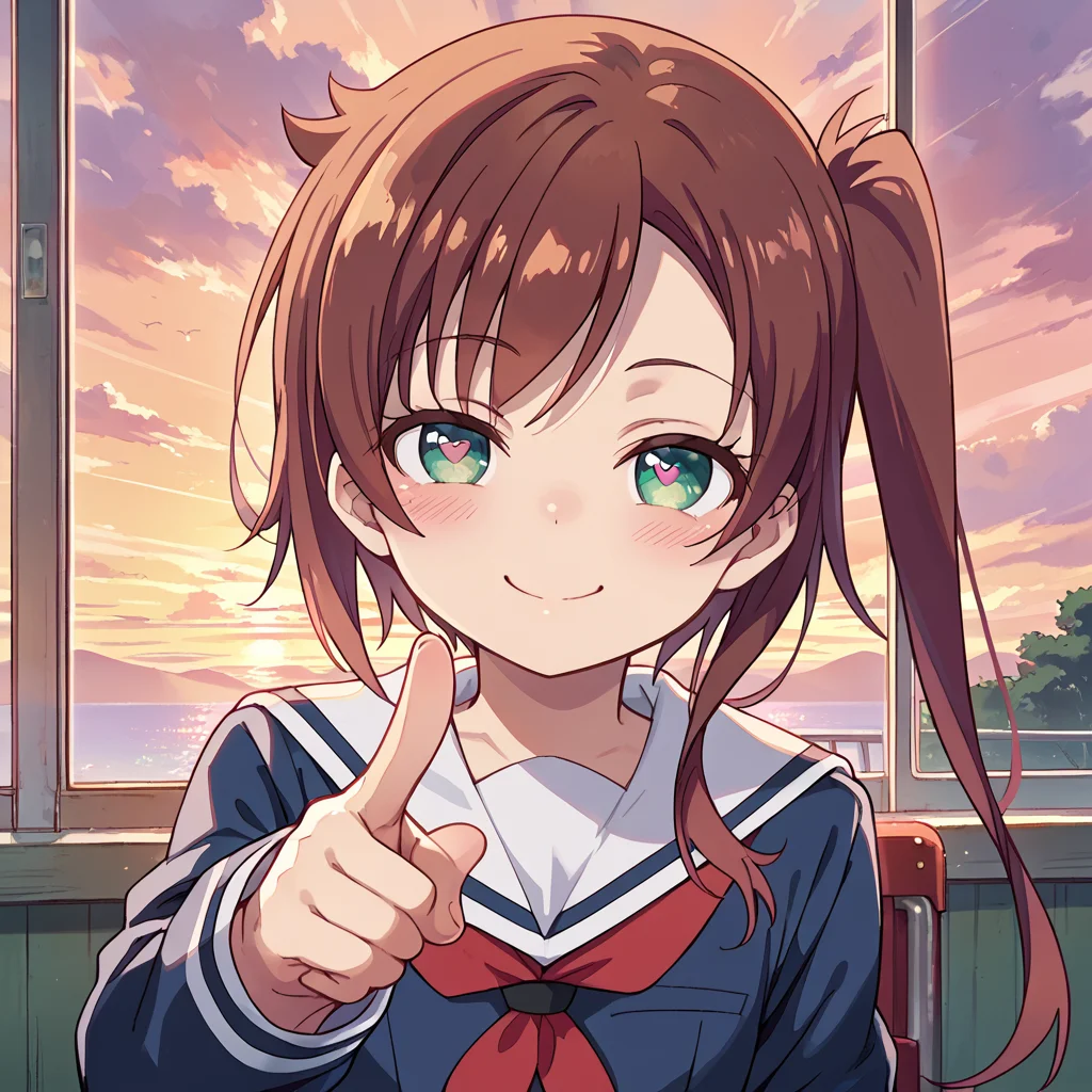 <lora:Shizuru_Chikura:0.8> Shizuru Chikura, heart-shaped pupils, closed mouth, half-closed eyes, smile, (blush:0.9), school uniform, close-up, looking at viewer, pointing, sunset lighting, high quality, detailed, score_9, score_8_up, score_7_up, source_anime