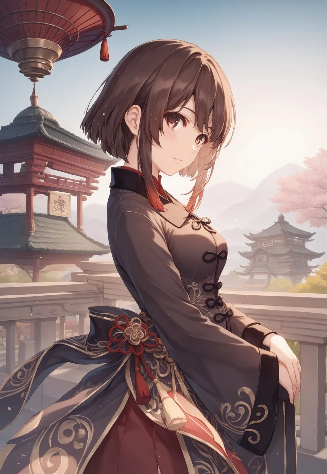 safe_pos, score_9, score_8_up, score_8, score_7_up, score_7, source_anime,
1girl, katou megumi, Megumi <lora:KatoMegumi:1>,brown hair,katou megumi,brown eyes, short hair , medium breasts,  solo, Looking at viewer, masterpiece, best quality, flowing hanfu dress, jade green and gold embroidery, wide sleeves, traditional hair ornaments, oriental garden background, blooming plum blossoms, ancient pavilion, ornate stone bridge, koi pond, red paper lanterns, graceful standing pose, gentle breeze effect, morning mist, side profile view, ethereal atmosphere, soft diffused lighting,(eyes fix),(fingers fix)