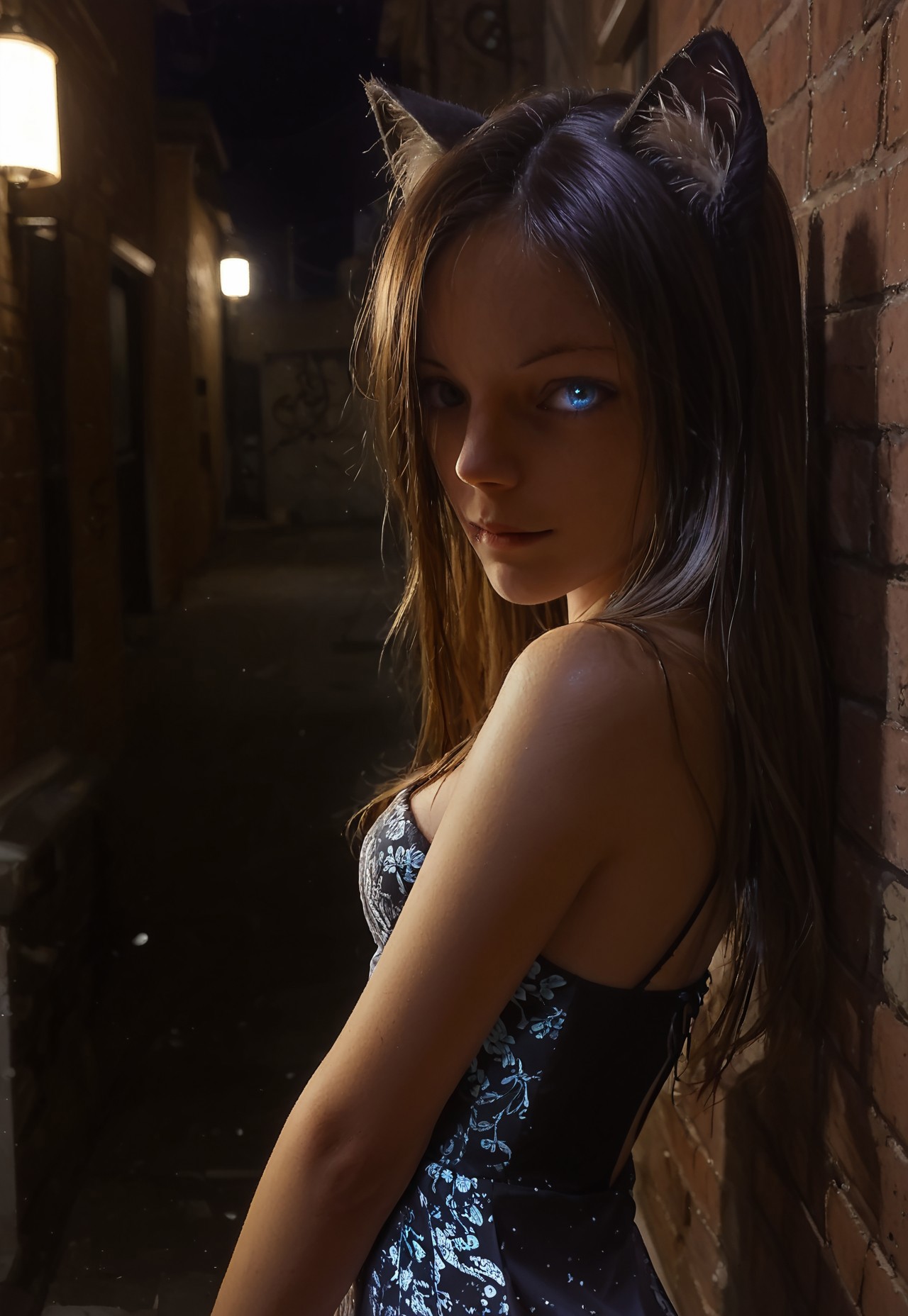 score_9, score_8_up, score_7_up, detailed, 1girl, solo, intricate details, chromatic aberration, realistic, lilykat, long hair, black hair, black cat ears, animal ear fluff, hair over one eye, blue eyes, medium breasts, black mini dress, night, brick wall, graffiti, dim lighting, alley, looking at viewer, lady of the night, sexy pose, one hand behind head, from side