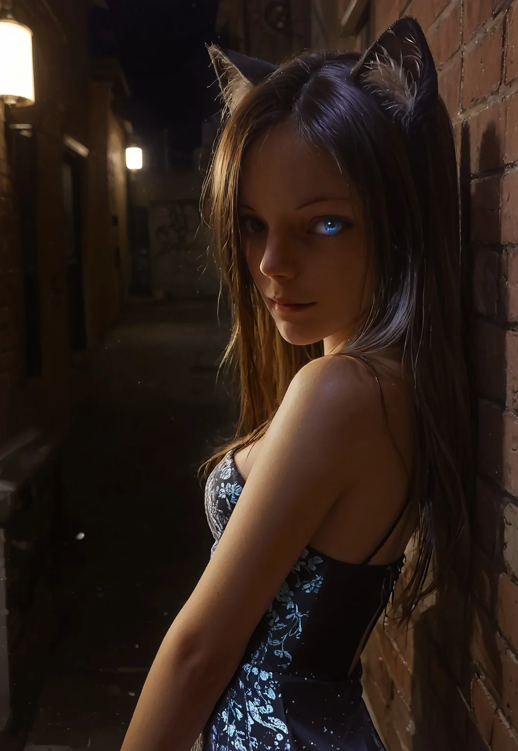 score_9, score_8_up, score_7_up, detailed, 1girl, solo, intricate details, chromatic aberration, realistic, lilykat, long hair, black hair, black cat ears, animal ear fluff, hair over one eye, blue eyes, medium breasts, black mini dress, night, brick wall, graffiti, dim lighting, alley, looking at viewer, lady of the night, sexy pose, one hand behind head, from side