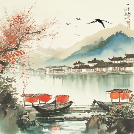 <lora:ink-paintingXL-000004:1>,ink-painting,ink anf wash,scenery, bird, east asian architecture, architecture, water, mountain, outdoors, river, lake,painting \(medium\), traditionalmedia,branch,watercolor\(medium\),
