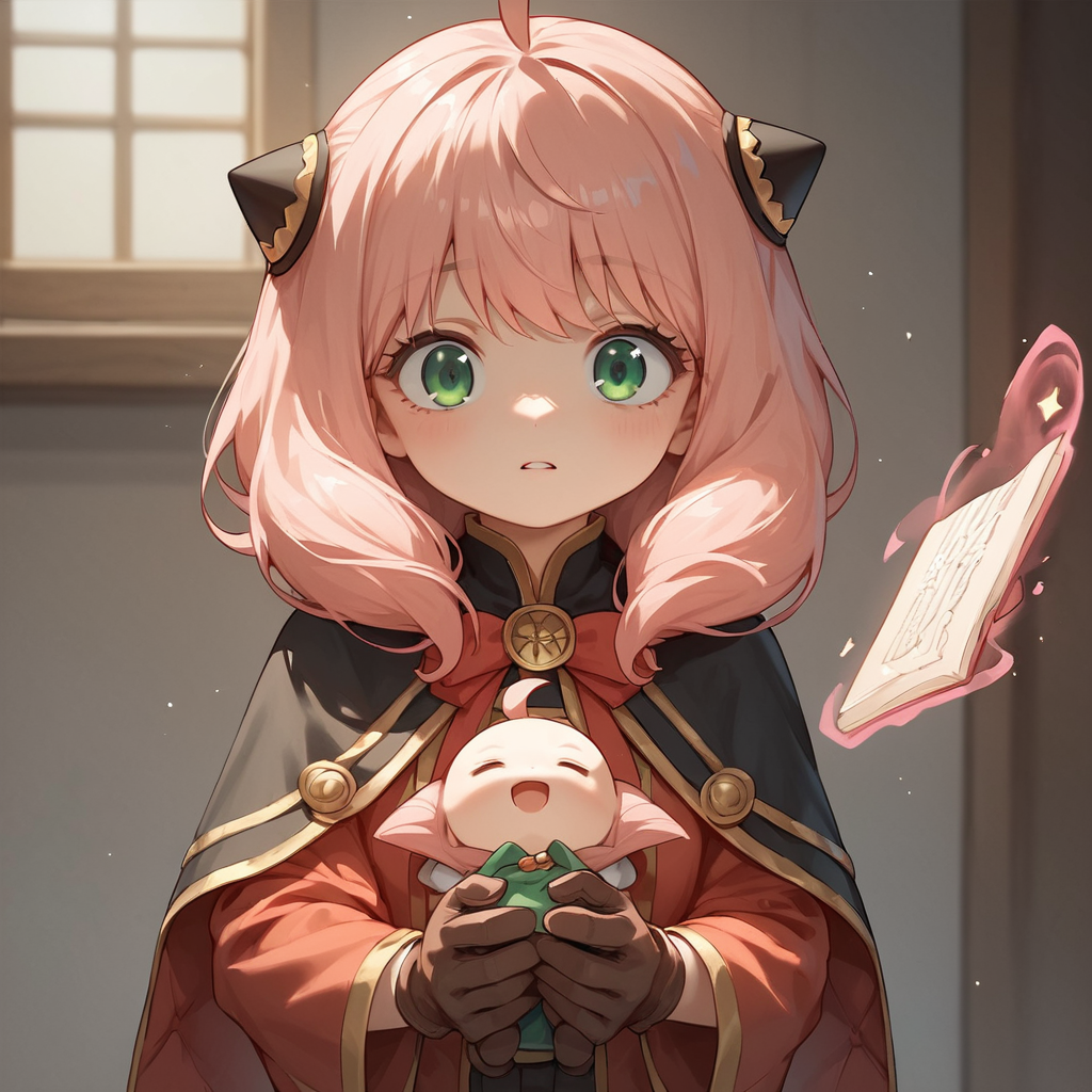 score_9,score_8_up,score_7_up,score_6_up,score_5_up,score_4_up,1girl,anya forger,anya (spy x family),bangs,green eyes,pink hair,ahoge,child,female child,hairpods,<lora:Expressive_H:1>,solo,gloves,long sleeves,ribbon,brown gloves,capelet,robe,magic,making magic,giggling,