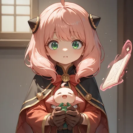 score_9,score_8_up,score_7_up,score_6_up,score_5_up,score_4_up,1girl,anya forger,anya (spy x family),bangs,green eyes,pink hair,ahoge,child,female child,hairpods,<lora:Expressive_H:1>,solo,gloves,long sleeves,ribbon,brown gloves,capelet,robe,magic,making magic,giggling,