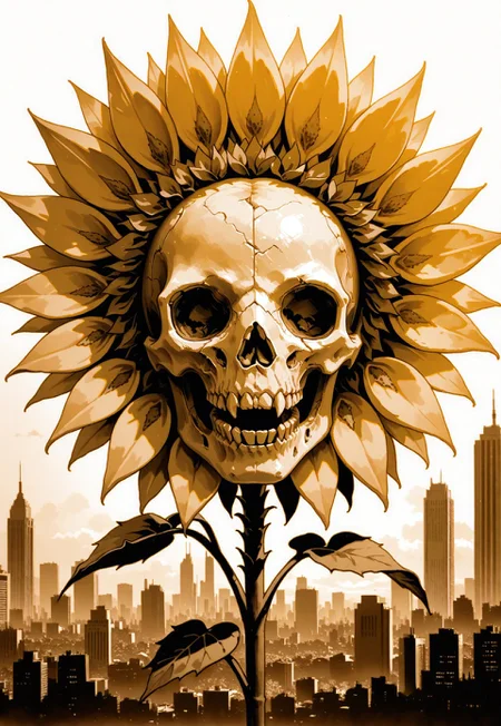 flower, no_humans, skull, sunflower, :D, monochrome, sepia, white background abstract background, photo \(medium\), portrait, scenery, skyline, volumetric lighting, masterpiece, best quality, good quality, very awa, very aesthetic, absurdres, newest, opill