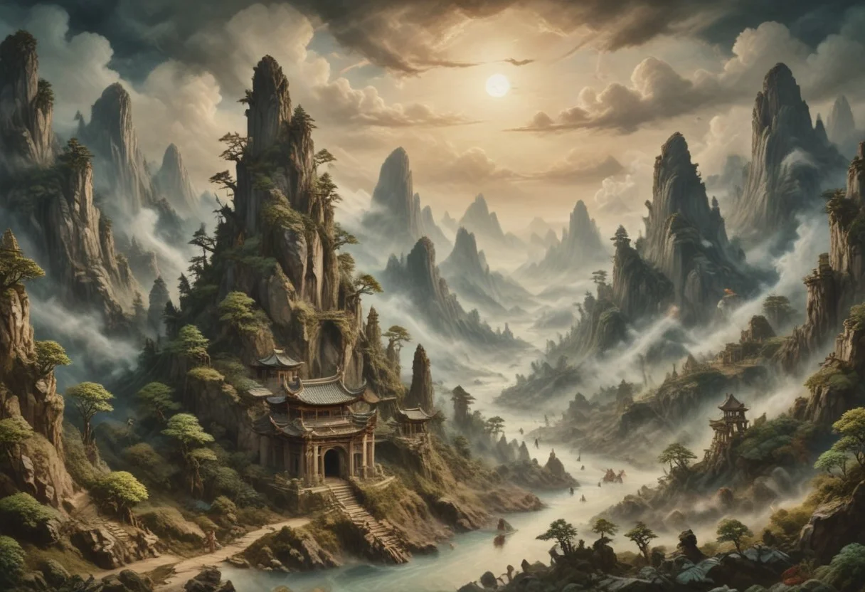 (Ink illustration on parchment, watercolor, ink splashes, Ukiyo-E). ((watercolor)), ((Chinese landscape)), Pagodas, Red-Trees, landscape focus, small figure off-side, Chinese Mountains, Rivers, Clouds, with watercolor washes, (((verdant green landscape))), (((mist, waterfalls))), trees, lush foliage, endless karth mountains that stretch outward to the horizon, a lone woman traversing the landscape!! wearing a bright blue cloak to make the miniscule figure stand out in a landscape dotted with the ruins of an ancient destroyed civilisation, crumbling stone, degraded buildings and temple, a long magical aurora borealis stretching across the sky, a broken moon high in the sky partially turned into an asteroid belt, a Saturn-like ringed-planet world, flickers of magical energy illuminating the land, in the far distance a giant wall of smoke is rising from the shattered earth in which a multitude of faces are forming and screaming, Ink splashes, rough ink sketch, Ghibli style, high contrast, stylized, dark skin, close up on face, head and shoulder, leather medieval top with lowered hood, Art Nouveau Style, detailxl, BadDream, dioramas,