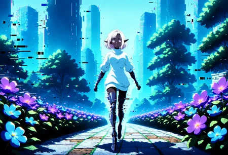 masterpiece, glitch, absurdres, anime style, ghibli, fairytale, 1girl, Elysia, dark elf, obsidian skin, short white hair, flickering bright violet eyes, robotic prosthetic arms, robotic prosthetic legs, wearing a black and white sweater dress with turtleneck, walking through a garden of crystal flowers in a digital cyberpunk city