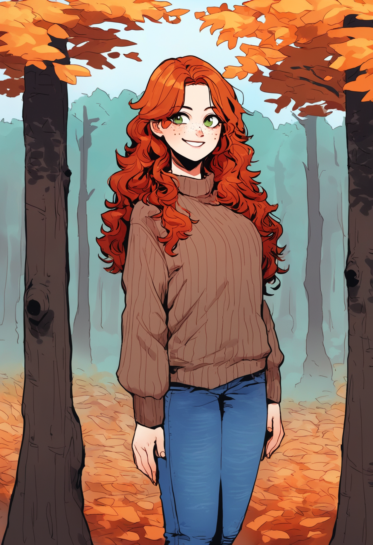 score_9_up, source_ anime, opossumachine_style,1girl, freckles, pale skin,smile, green eyes,orange hair, long hair, wavy hair, brown sweater, jeans, autumn, forest, trees,