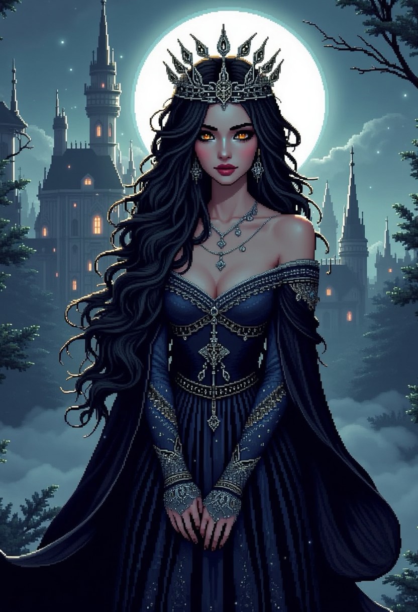 pinkpixelicious,
A regal woman with onyx-black hair streaked with silver, adorned with an intricate crown resembling the phases of the moon. Her piercing golden eyes glow beneath dark lashes, and her deep plum lips contrast against her porcelain skin. She wears a floor-length gown of shimmering black and navy silk, embroidered with celestial patterns. Behind her, a grand gothic palace emerges from the mist, lit by an eerie, glowing eclipse.