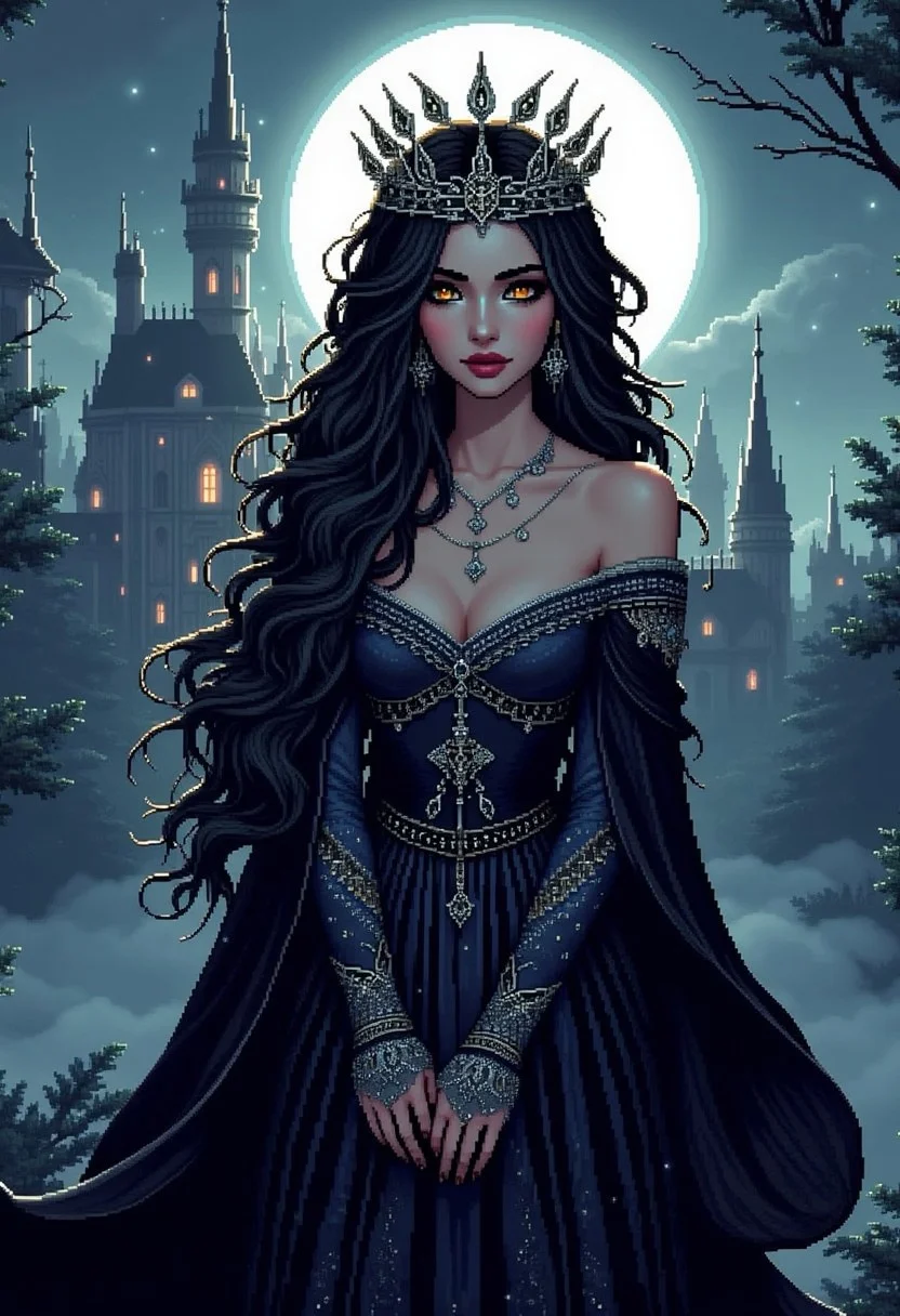 pinkpixelicious,
A regal woman with onyx-black hair streaked with silver, adorned with an intricate crown resembling the phases of the moon. Her piercing golden eyes glow beneath dark lashes, and her deep plum lips contrast against her porcelain skin. She wears a floor-length gown of shimmering black and navy silk, embroidered with celestial patterns. Behind her, a grand gothic palace emerges from the mist, lit by an eerie, glowing eclipse.