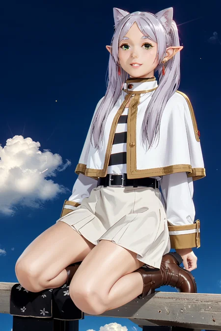nekowaifu,<lora:nekowaifu.pony:1> <lora:SousouNoFrieren_FrierenXL:1>FrierenSSnF,grey hair, long hair, green eyes, twintails, parted bangs, earrings, pointy ears, small breasts,FrierenCasual, striped shirt, white capelet, black belt, white skirt, long sleeves, black pantyhose,brown boots, Score_9, Score_8_up, Score_7_up, Score_6_up, Score_5_up, Score_4_up, BREAK, in full growth, best quality, masterpiece, ultra-detailed, high quality,good quality(master piece,high resolution, ultra detailed,8K,16K),look at viewer