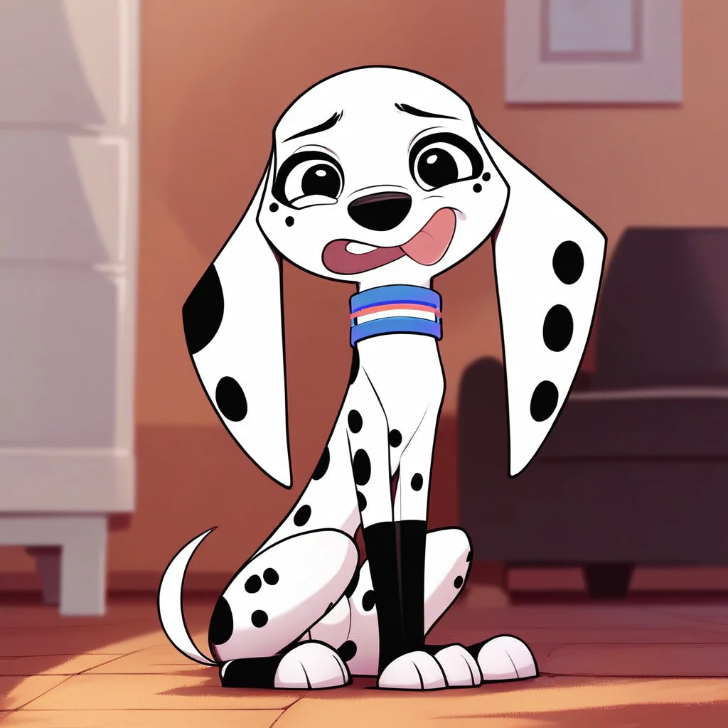 hi res, best quality, (source_cartoon), Score_9, score_8, score_7, best anatomy, Solo, 1girl, feral, dog, dog girl, dalmatian, female furry, white and black fur, black spots, short tail, long ears, dog ears, black eyes, collar, open mouth, tongue out, sitting, looking at viewer, living room background