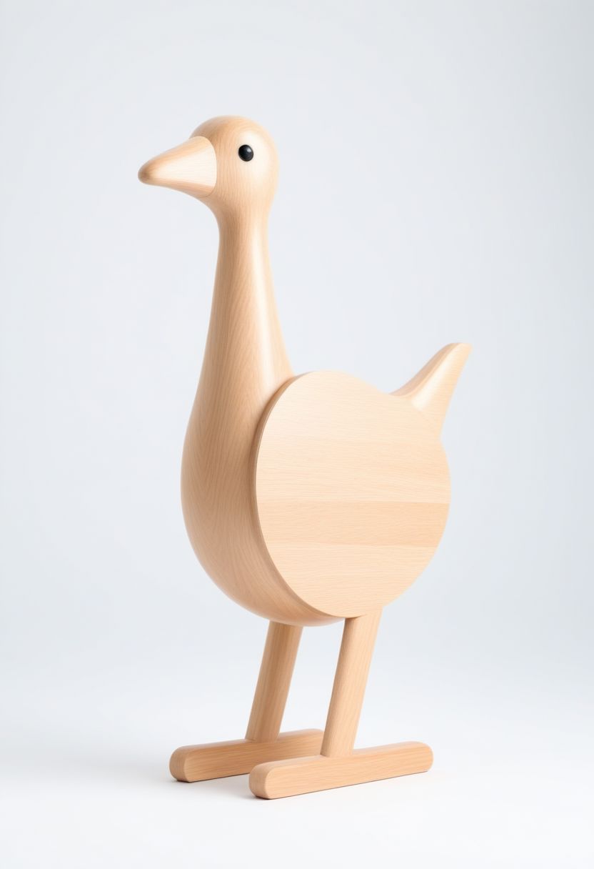 (expert craftsmanship:1.8), (high resolution, product photography, photo studio background:1.2), (modern wooden toy animal, avian creature:1.8), (fine wood, realistic wood material:1.5), (simple form, abstract form, multiple parts:1.9), (finely crafted parts, simple shape, elegant shape, ambiguous shape, stout shape, innocent shape:1.4), (comfortable, playful, friendly:1.5), (tall, lanky, whimsical:1.7), (Bauhaus Design aesthetic:1.7)