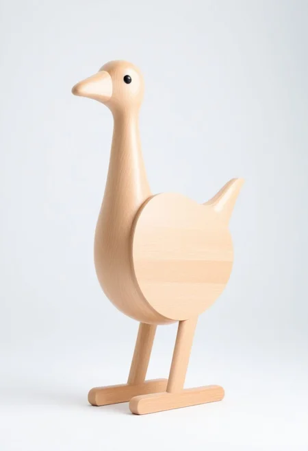 (expert craftsmanship:1.8), (high resolution, product photography, photo studio background:1.2), (modern wooden toy animal, avian creature:1.8), (fine wood, realistic wood material:1.5), (simple form, abstract form, multiple parts:1.9), (finely crafted parts, simple shape, elegant shape, ambiguous shape, stout shape, innocent shape:1.4), (comfortable, playful, friendly:1.5), (tall, lanky, whimsical:1.7), (Bauhaus Design aesthetic:1.7)