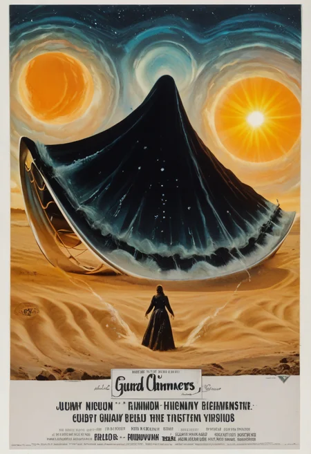 score_9, score_8_up, score_7_up, BREAK
A woman in her mid-30s, with sun-kissed skin and braided black hair adorned with small silver beads, dressed in a rugged, leather outfit with flowing robes that blend into the sandy landscape. She stands atop a massive sand dune. Behind her, a caravan of fantastical creatures with luminous eyes follows in a mirage-like haze, while a distant oasis shimmers on the horizon. (Hyper-realistic, ethereal light, dynamic perspective, detailed textures).
retro_movie_poster, <lora:retro_movie_poster:1.4>