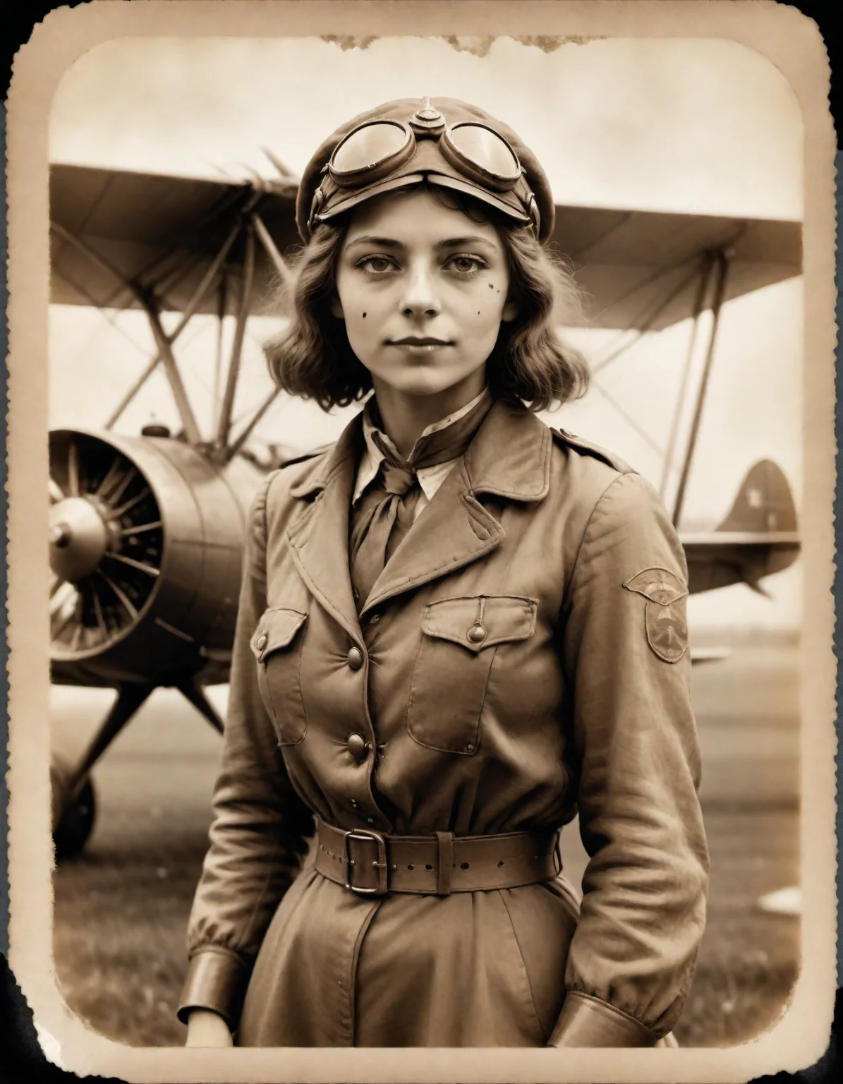 1914 photo of a female biplane pilot, 1900 pilot outfit, in a sepia style , ((old photo style)) , (( made with an bellows camera)), the borders of the photo a damaged (old photo)