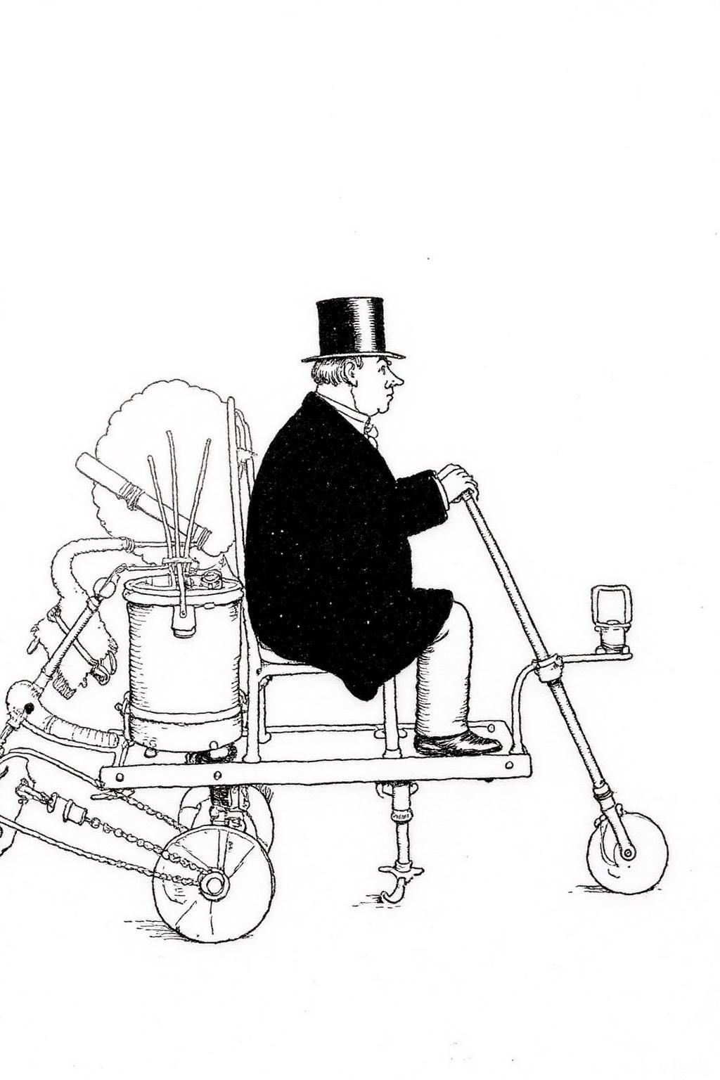 whrob1 illustration. 
Side profile view of a man seated on a peculiar, contraption-like vehicle. The man is dressed in formal Victorian attire: a dark suit, white shirt, and a tall, black top hat. He is depicted with a stern expression, sitting upright on a small, ornate seat with a cushioned backrest. <lora:whrob1_cap_d6a3e11:1.0><lora:828452475322273751:0>