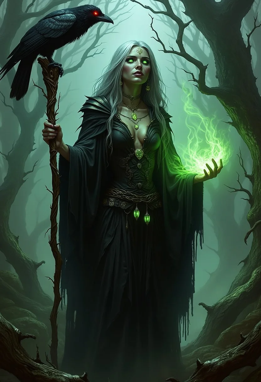 (in Karel Thole style:1.4), (masterpiece:1.2), A hauntingly beautiful witch, her long silver hair tangled with thorns and dead leaves, dressed in a cloak of shadows and spidersilk. Her eyes glow an unnatural green, and a faint mist surrounds her as she stands among twisted trees and ancient stones, deep within the Forbidden Forest. Strange symbols carved into her skin pulse with a sickly green light, and eerie, glowing wisps float around her. In her hand, she clutches a twisted staff with a raven perched on top, its eyes gleaming red. (hyperdetailed nature and dark magic:1.1), (Refined forest details:1.1), (best quality:1.1), (high resolution:1.2)