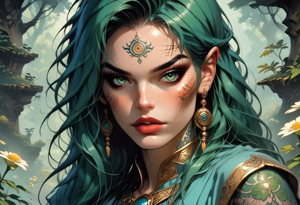 In an ethereal forest setting, a gleaming otherworldly troll gazes wistfully into the distance. This fine art photograph captures the troll's unique beauty in stunning detail. Its skin shimmers with iridescent hues of gold and emerald, its hair woven with delicate flowers. The intricate tattoos adorning its body tell stories of ancient wisdom and mystery. The soft, dreamlike lighting creates a sense of enchantment, drawing viewers into a world of magic and wonder.