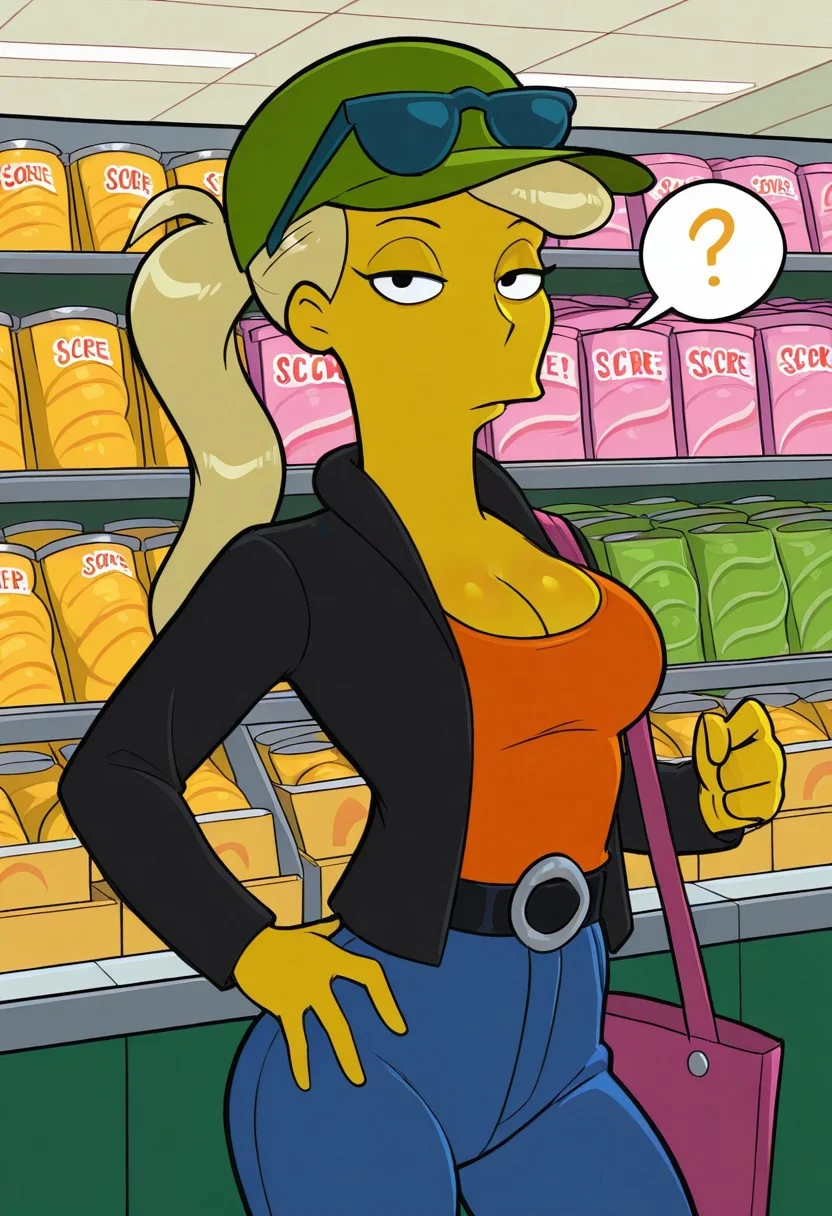 score_9,score_8_up,score_7_up,score_6_up,best quality,masterpiece, background is supermarket, 1girl, solo, dynamic pose, cowboy shot,
BREAK
gavinsmom, yellow skin, blonde hair, ponytail, sunglasses on hat, hat, orange shirt, black jacket, pants, bag, belt, large breasts, cleavage, (emotionless:1.2), looking at viewer, spoken questionmark, hand on hip,
