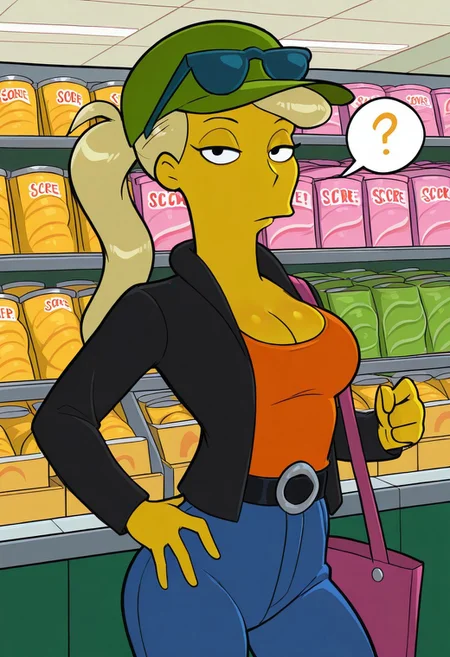score_9,score_8_up,score_7_up,score_6_up,best quality,masterpiece, background is supermarket, 1girl, solo, dynamic pose, cowboy shot,
BREAK
gavinsmom, yellow skin, blonde hair, ponytail, sunglasses on hat, hat, orange shirt, black jacket, pants, bag, belt, large breasts, cleavage, (emotionless:1.2), looking at viewer, spoken questionmark, hand on hip,