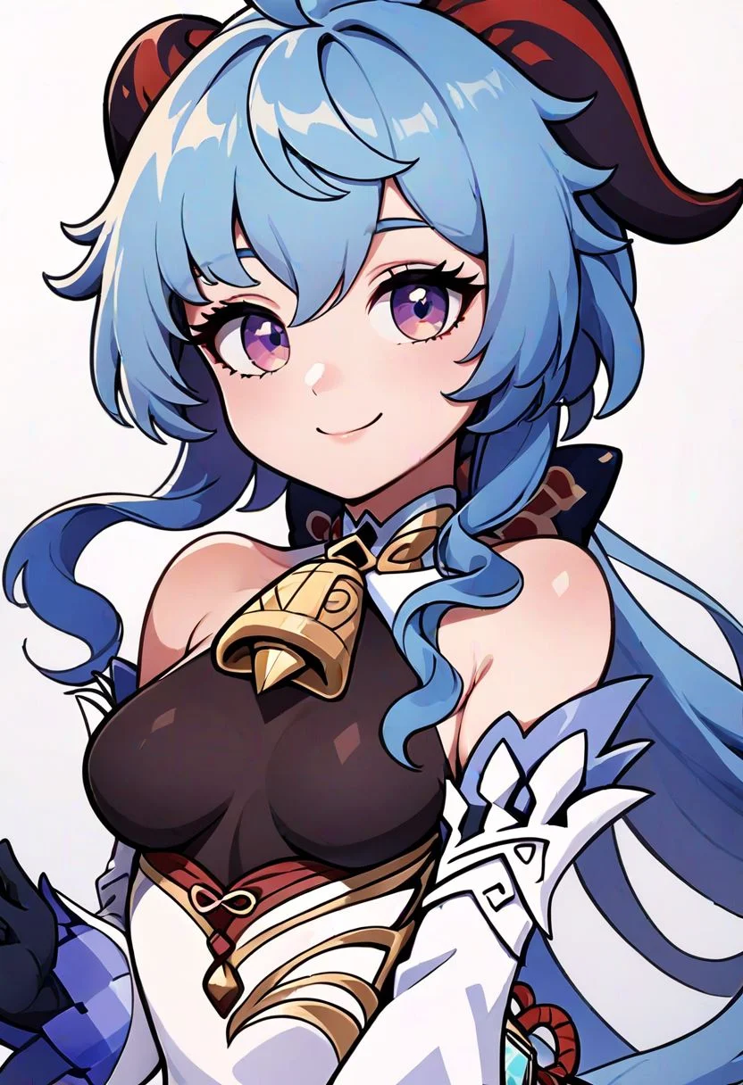 score_9, score_8_up, score_8, medium breasts, (curvy), cute, eyelashes,  
ganyu (genshin impact), 1girl, solo, long hair, breasts, looking at viewer, smile, bangs, gloves, white background, bare shoulders, blue hair, purple eyes, ahoge, sidelocks, detached sleeves, horns, black gloves, bell, neck bell, white sleeves, gold trim, vision (genshin impact), bodystocking, thighlet, chinese knot