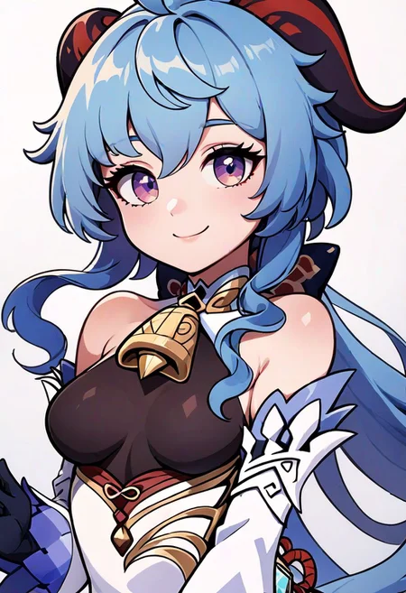 score_9, score_8_up, score_8, medium breasts, (curvy), cute, eyelashes,
ganyu (genshin impact), 1girl, solo, long hair, breasts, looking at viewer, smile, bangs, gloves, white background, bare shoulders, blue hair, purple eyes, ahoge, sidelocks, detached sleeves, horns, black gloves, bell, neck bell, white sleeves, gold trim, vision (genshin impact), bodystocking, thighlet, chinese knot