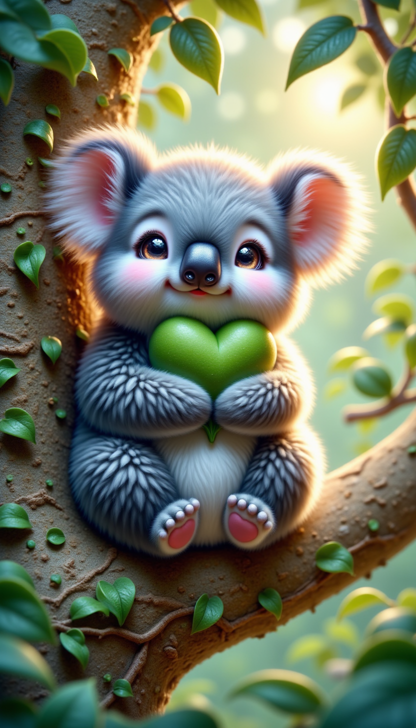pinkchibivalentine, 
A fuzzy gray koala with big round ears, dark button nose, and soft white belly. It's sitting in an eucalyptus tree, clutching a heart-shaped green leaf, with light teal vines spiraling around the branches and soft dappled sunlight filtering through the leaves.