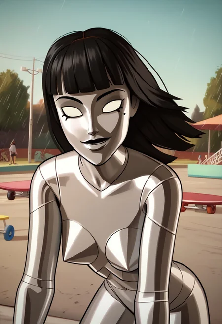 score_9, score_8_up, score_7_up BREAK LaylaBot, 1girl, black bobcut hair, blunt bangs, white light eyes, silver metallic body, high heels, solo, solo focus, 3d, source_3d, photorealistic, smiling at viewer, rainy skatepark, rainy day, skatepark,