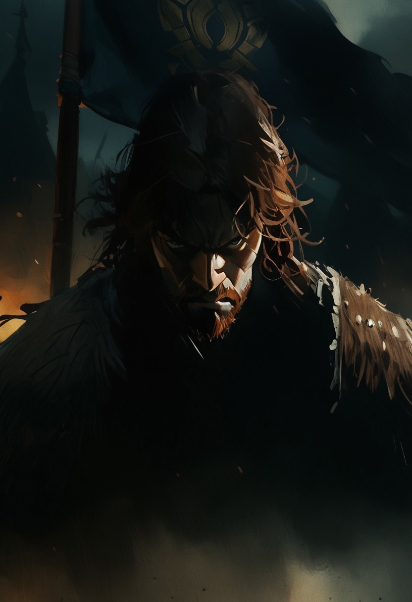 watercolor painting, realistic, Expressiveh, score_9, score_8_up, score_7_up,
1boy, solo, Viking, man, muscular, brown hair, large beard, old, big nose, going berserk, angry, ((banner in the background)), 
source_comic, in the fog, silhouette, small village, medieval, feudal, 
from above,