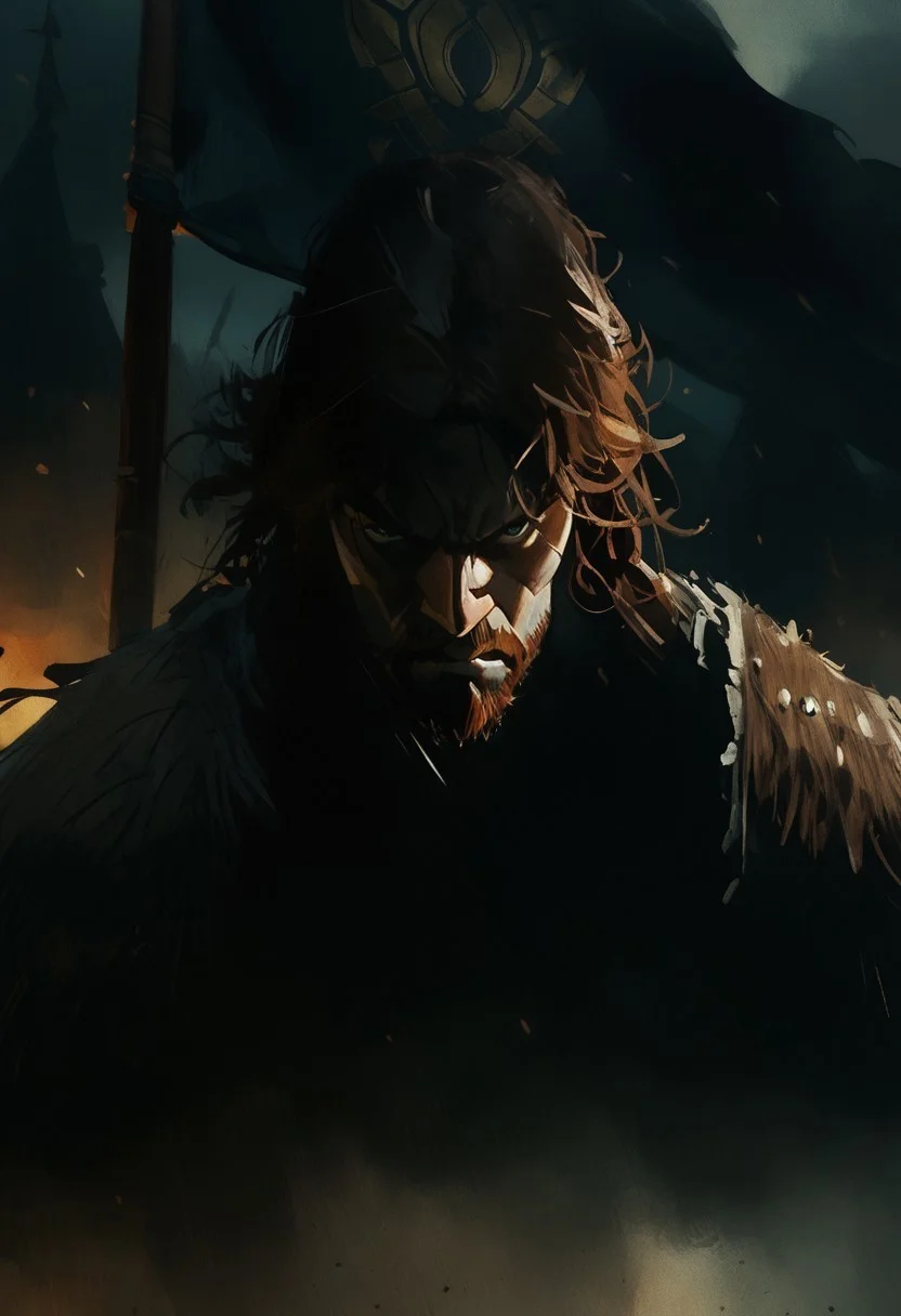 watercolor painting, realistic, Expressiveh, score_9, score_8_up, score_7_up,
1boy, solo, Viking, man, muscular, brown hair, large beard, old, big nose, going berserk, angry, ((banner in the background)),
source_comic, in the fog, silhouette, small village, medieval, feudal,
from above,