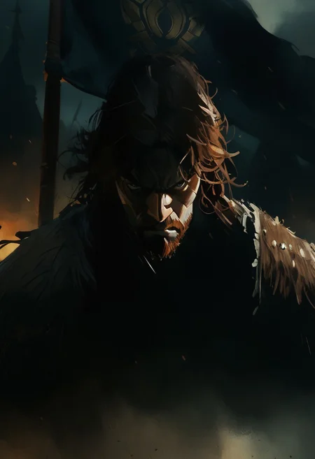 watercolor painting, realistic, Expressiveh, score_9, score_8_up, score_7_up,
1boy, solo, Viking, man, muscular, brown hair, large beard, old, big nose, going berserk, angry, ((banner in the background)), 
source_comic, in the fog, silhouette, small village, medieval, feudal, 
from above,